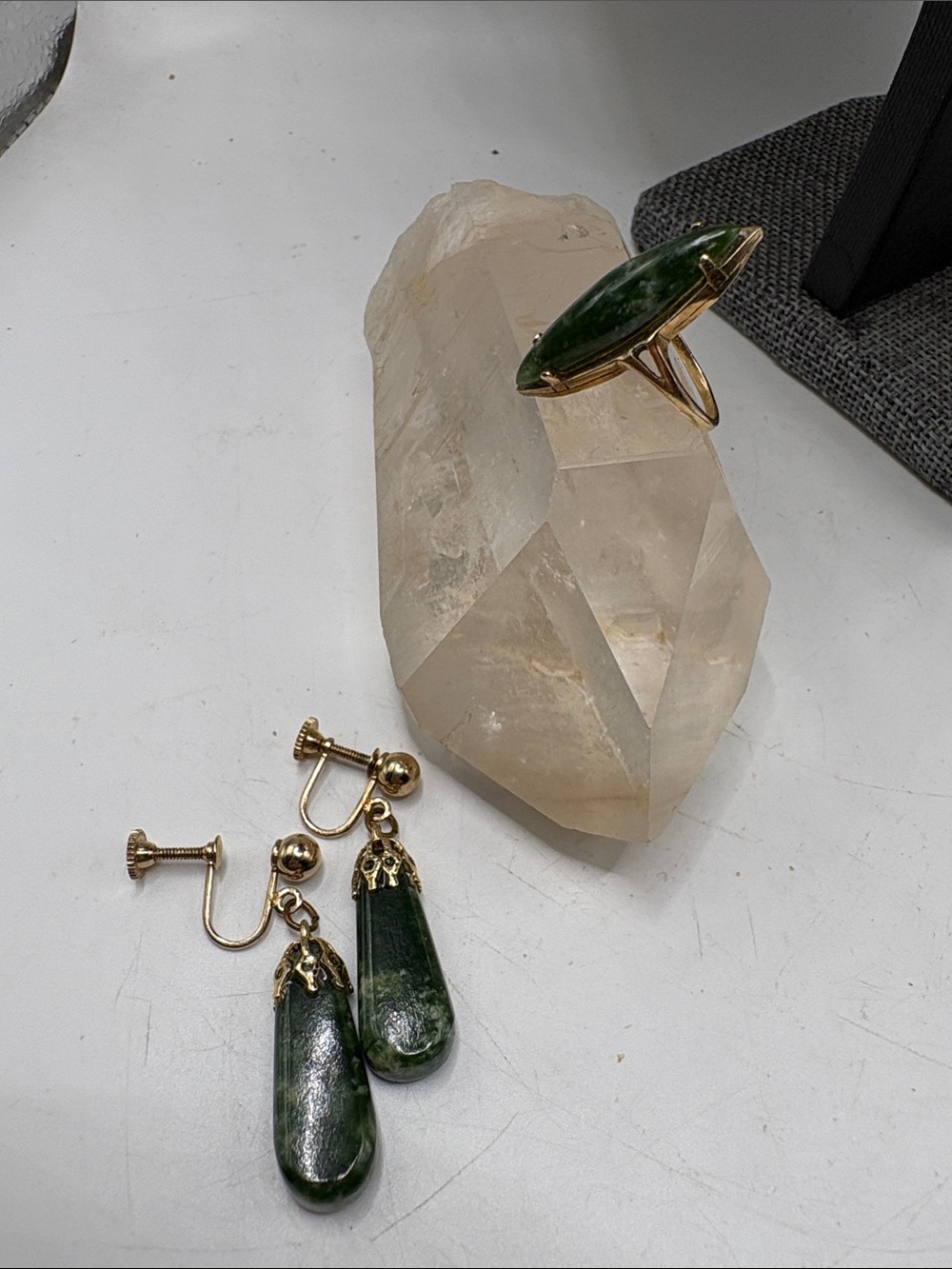 Vintage Australia Jade Stone Drop Earrings and Ring Set - Gold Plate